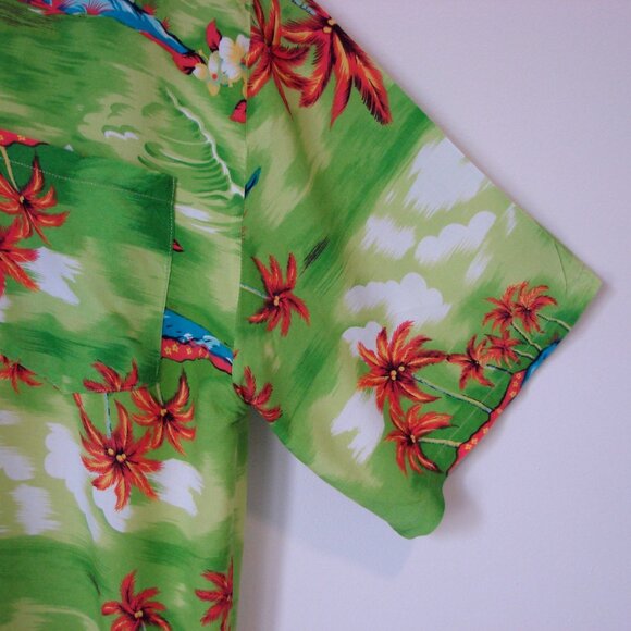 Hawaiian Shirt Floral Palm Trees Button Down Bright Colours Green Orange Size XL - Picture 6 of 12